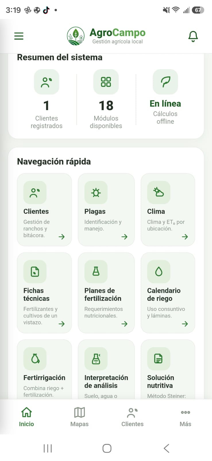 Pantalla de inicio de AgroCampo con navegación rápida